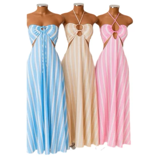 Vestido Longo Listrado Cut Out Verão 2026 – Moda Praia Elegante em Oferta na Shopee