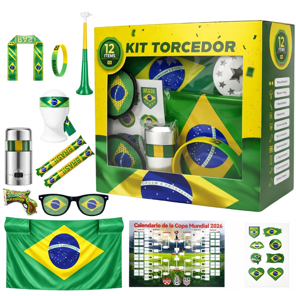 Combo Completo Torcedor Brasileiro Copa 2026 Bandeira, Adesivo, Trompete e Pintura Facial