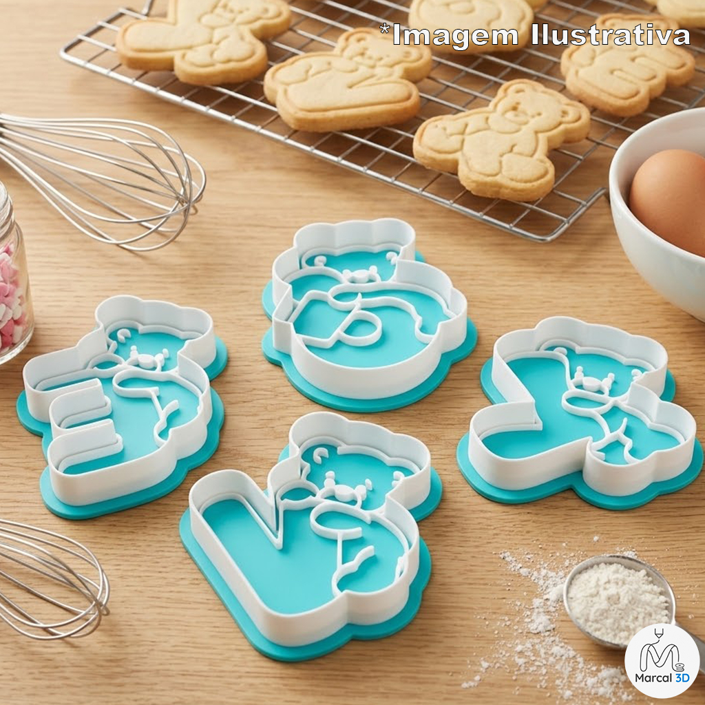 Kit Cortador de Biscoito Ursinhos Amor Dia dos Namorados Love Letras e Carimbo Molde Biscoito Massinha Confeitaria