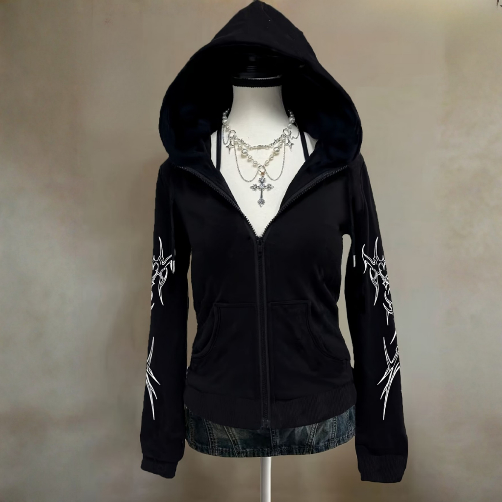 Casaco de Zíper Cyber Y2K Dark Grunge Com Capuz Estampa Tribal