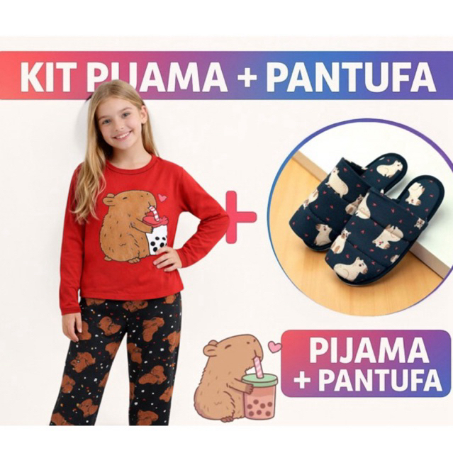 kit Pijama capivara longo infantil + pantufa feminina juvenil de menina em Oferta na Shopee