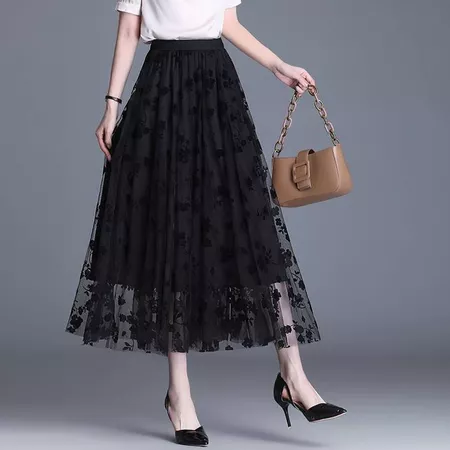 Saia Feminina Cintura Tule Para Alta Mid Calf Longo De Floral Saia de Tule Malha Plissada