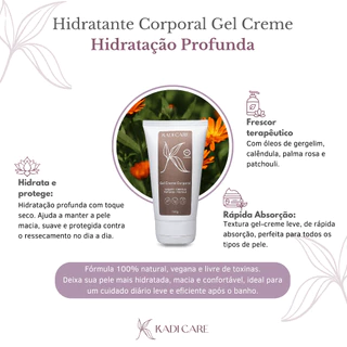 Hidratante Corporal Gel Creme Toque Seco 150g Vegano Natural Kadi Care–Pele Seca Sensível Absorção Rápida