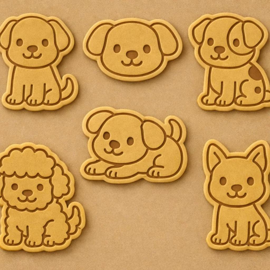 kit 6 cortadores com marcador tema cachorrinho para biscoito