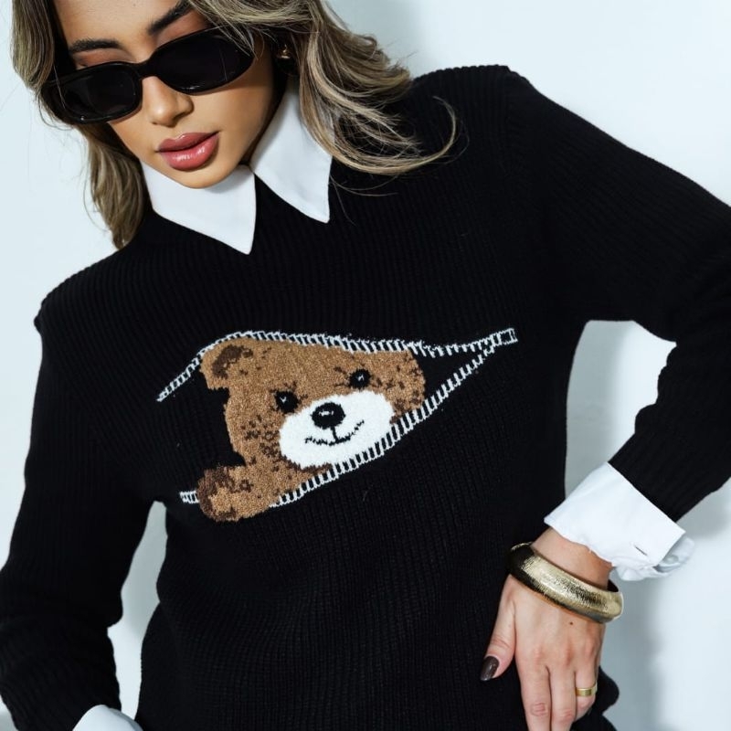 Blusa de Frio Urso de Musse Tricot Blusa de Modal Urso em Musse Pra dar efeito fofinho outono Tricô
