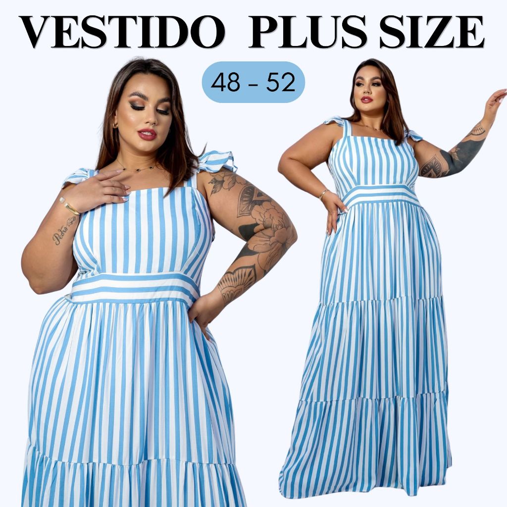 Vestido Longo Feminino Plus Size Listrado Forrado Com Babado Na