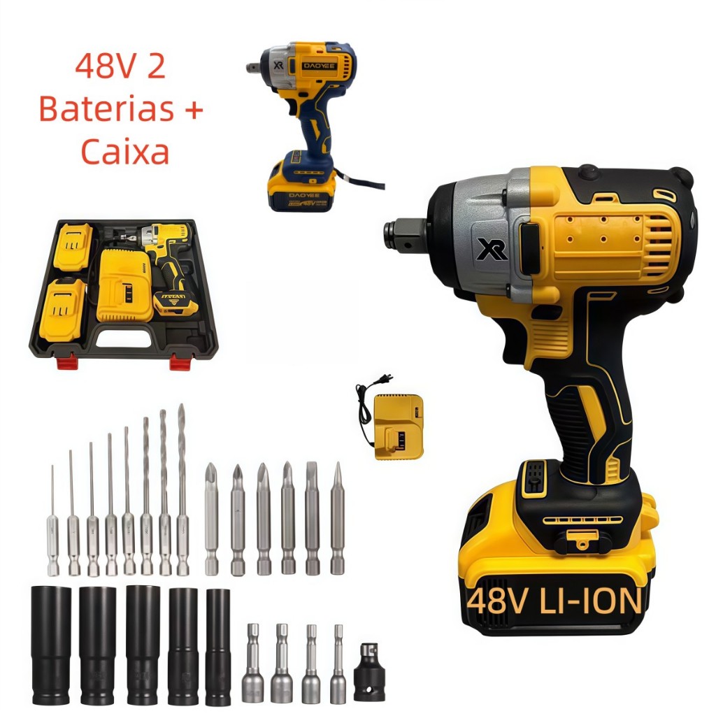 Parafusadeira Furadeira e Chave De Impacto 48v 02 Baterias Sem Fio Soquetes com Maleta Profissional+23PCS