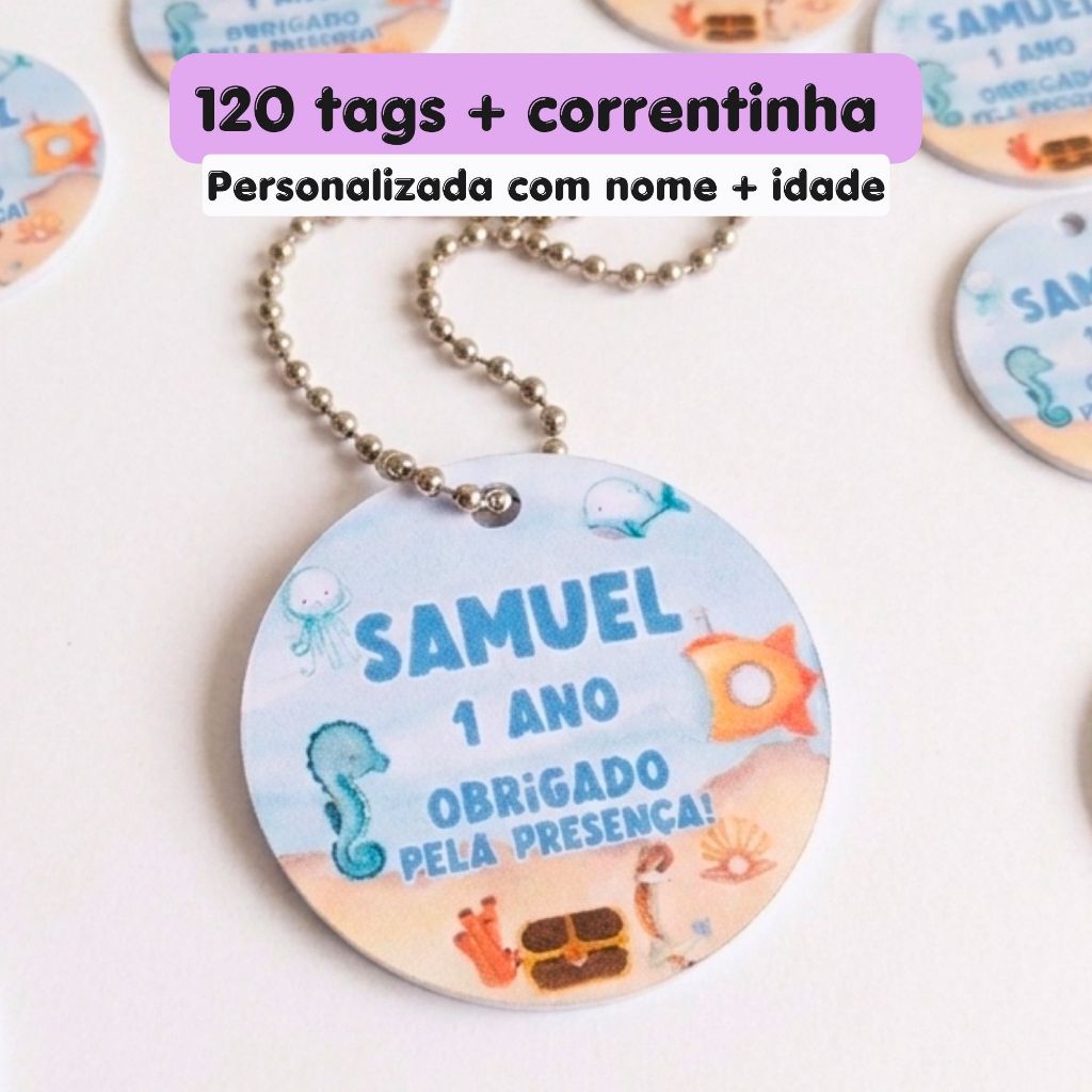 120 Tags Personalizadas com correntinha | Fundo do Mar | Nome e Idade ...