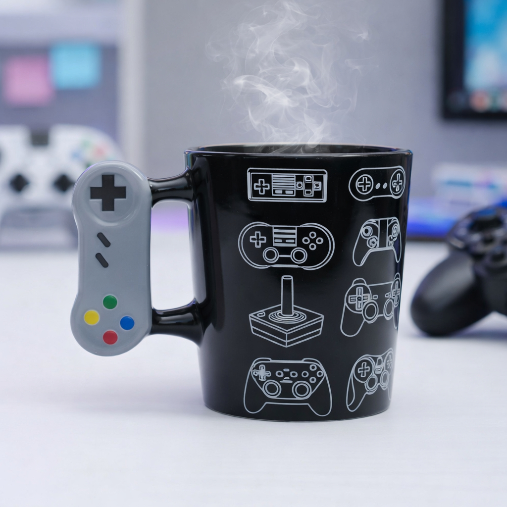 Caneca Gamer Geek Preta Joystick 3D – 8 Controles – Porcelana 350ml