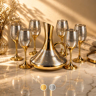 Conjunto de Jarra de Vidro Decanter 1,5L com Detalhes Árabes e 6 Taças Decorativas