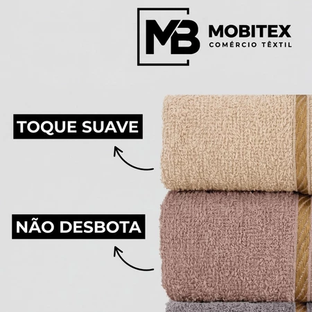 Detalhe de duas toalhas Mobitex nas cores bege e rosa antigo com indicações de texto destacando o toque suave e a resistência ao desbotamento.