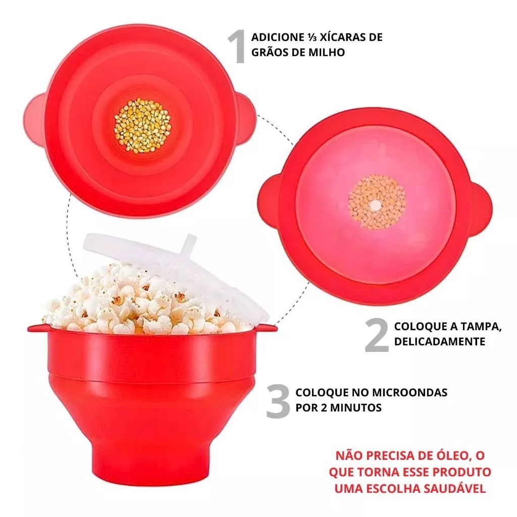 Imagem do produto Pipoqueira Grande Para Micro-ondas Sem Óleo Balde Pipoca Silicone Redonda Com Tampa Livre BPA 4