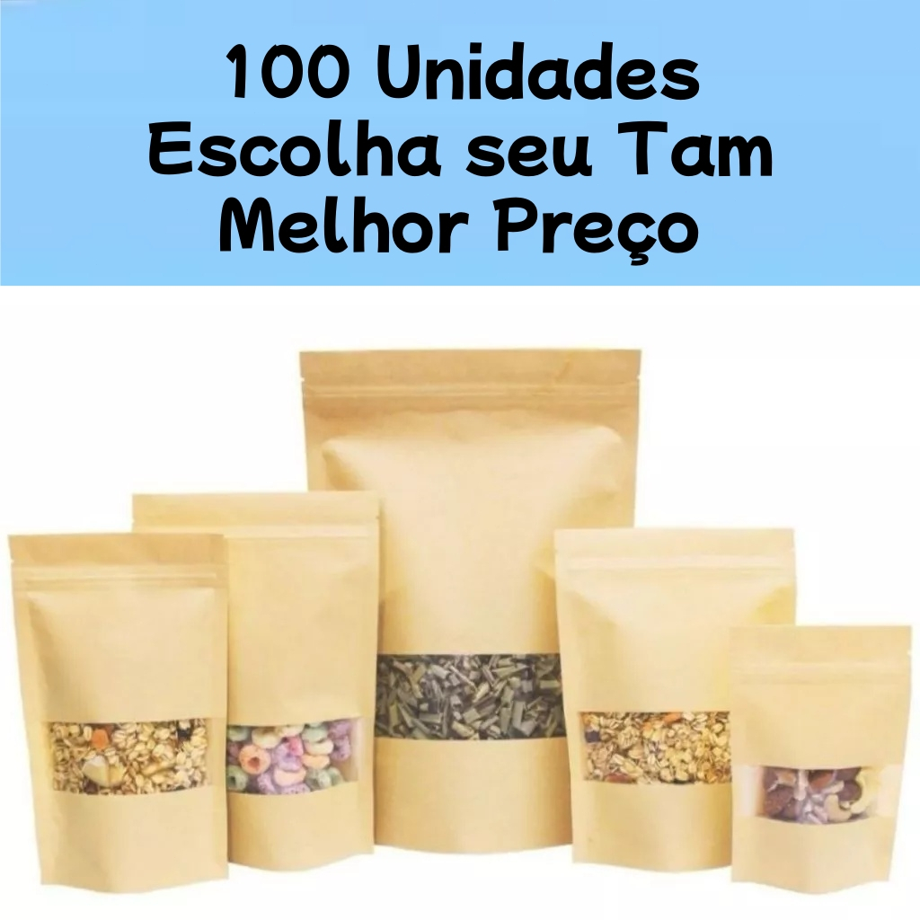 100 Un Saco Papel Kraft Fosco Stand Up Pouch C/ Visor Zip lo
