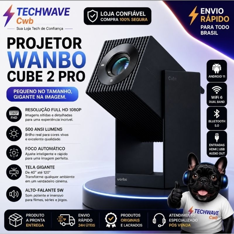 Projetor Wanbo Cube 2 Pro Full HD Android TV cor preto | Shopee Brasil