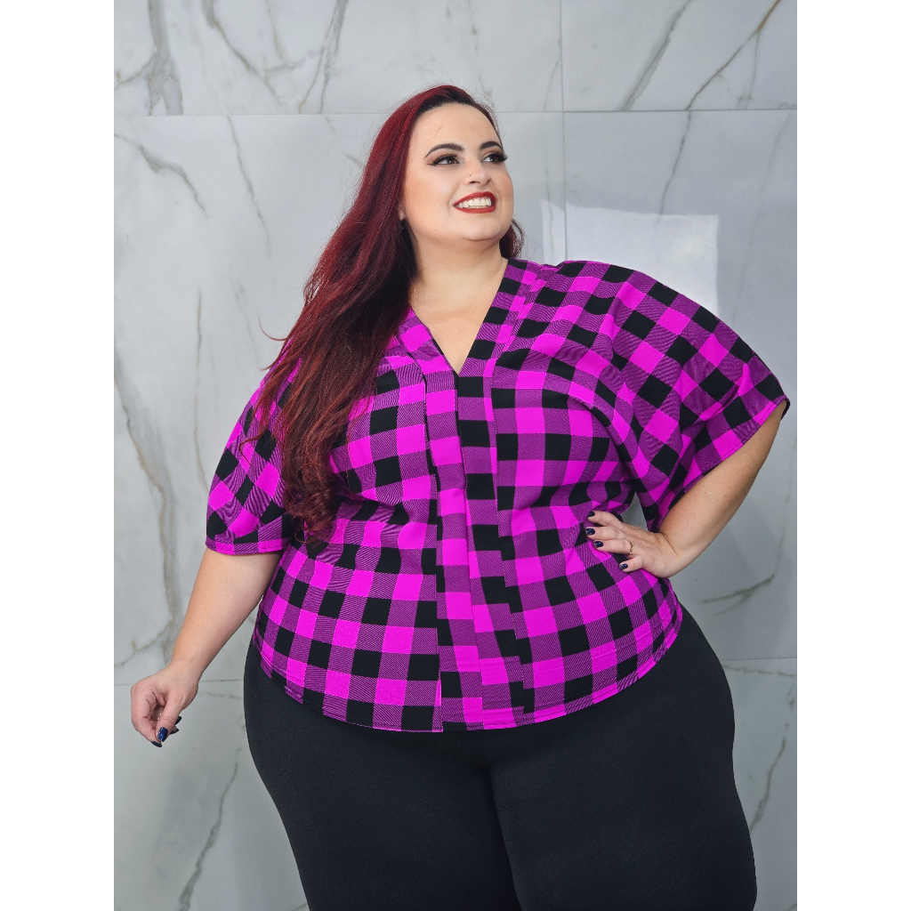 BLUSA PLUS SIZE XADREZ MANGA MORCEGO | Shopee Brasil