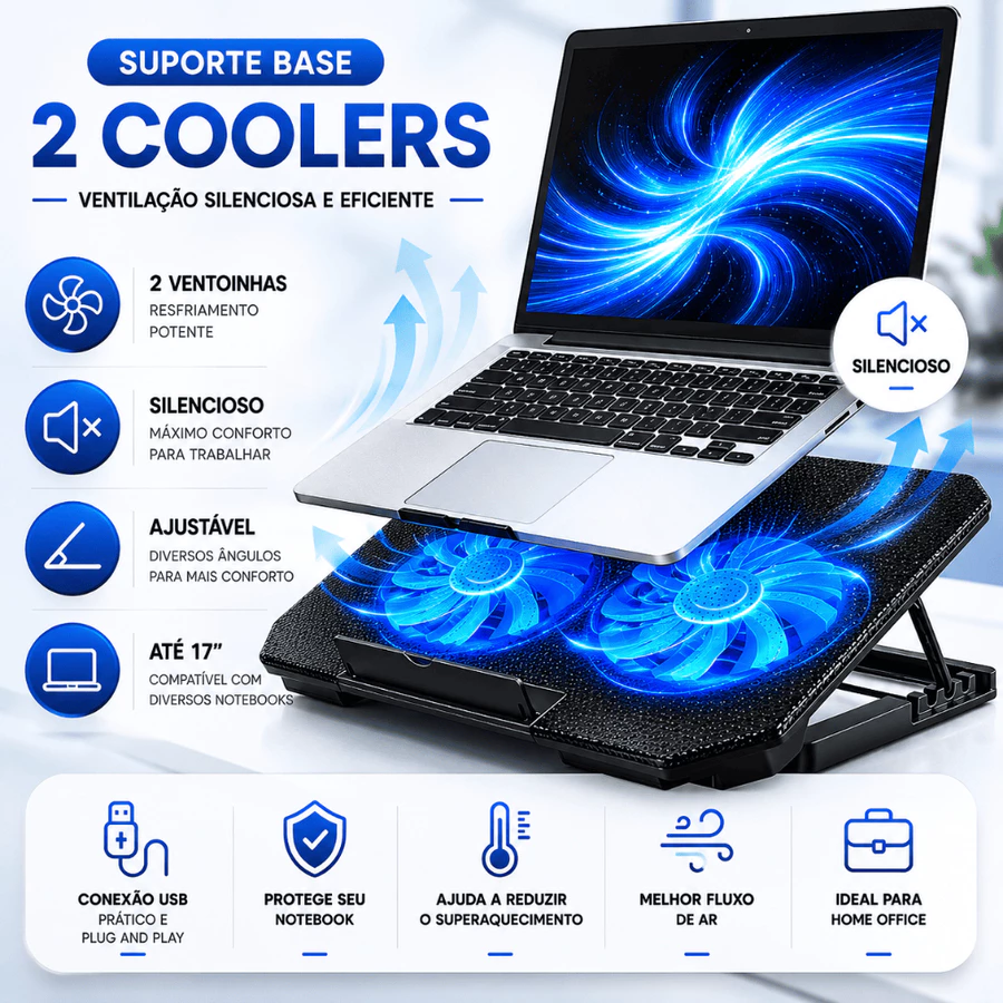 Suporte Base Notebook 2 Coolers Ventilação Silenciosa Ajustável Até 17” Resfriador USB Gamer Home Office