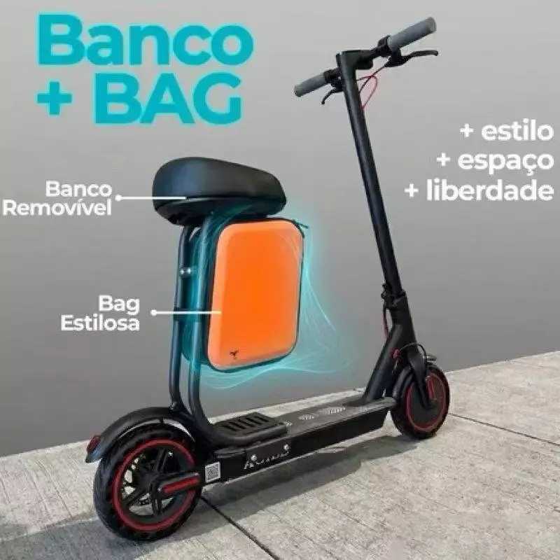 Patinete elétrico preto com banco removível e bag estilosa laranja, destacando os textos "Banco + BAG", "Banco Removível" e "Bag Estilosa", além de "+ estilo + espaço + liberdade"