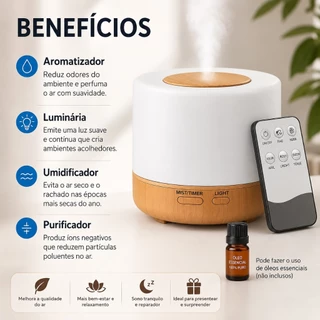 Difusor De Aromas Umidificador De Ar Ultra-Sônico 300Ml, 500ML, 700ml LED Madeira Aromatizador