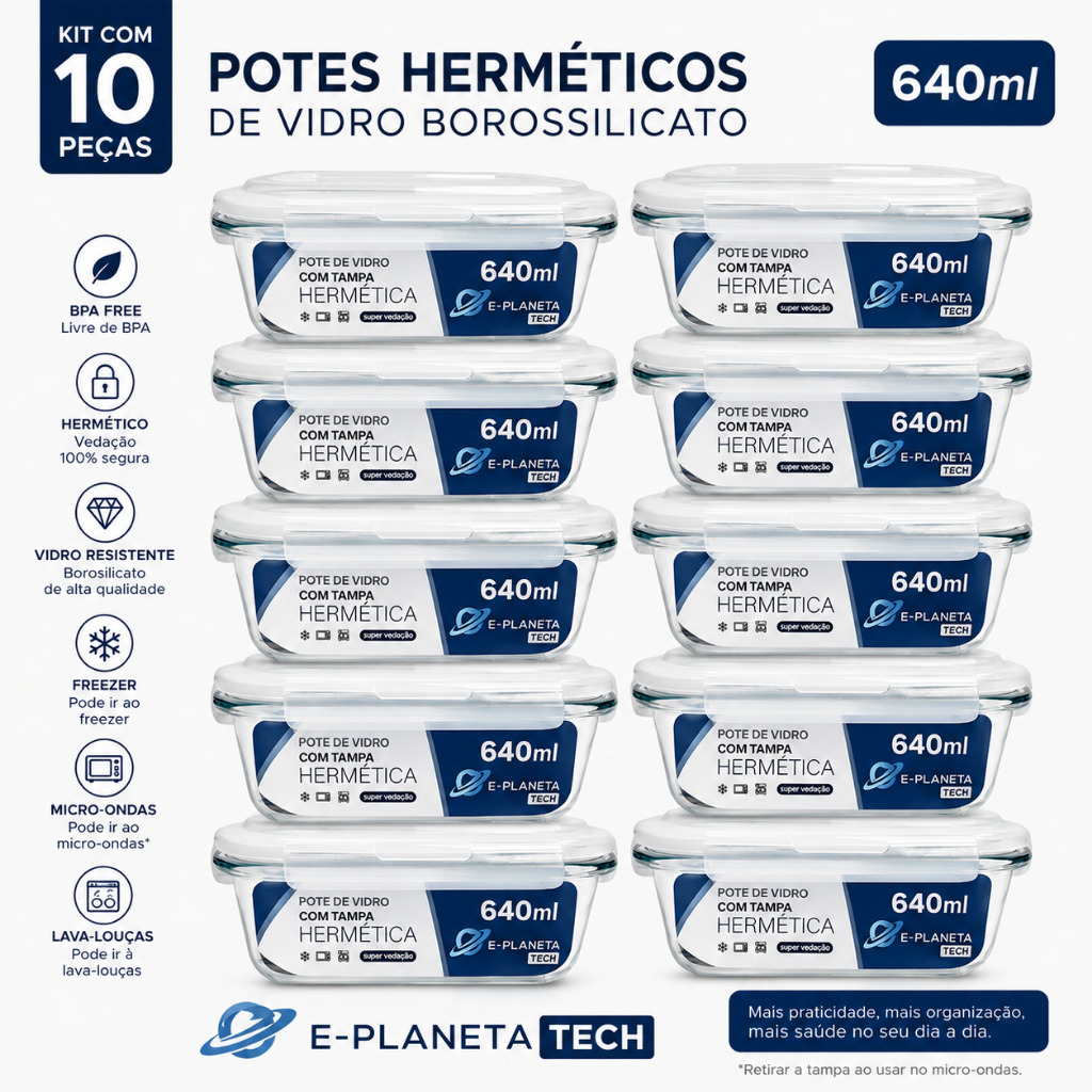 Kit 10 Potes de Vidro 640ml Hermético Marmita Fit com Tampa 4 Travas Premium