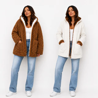 Casaco teddy longo com capuz dupla face moda inverno tamanho unico