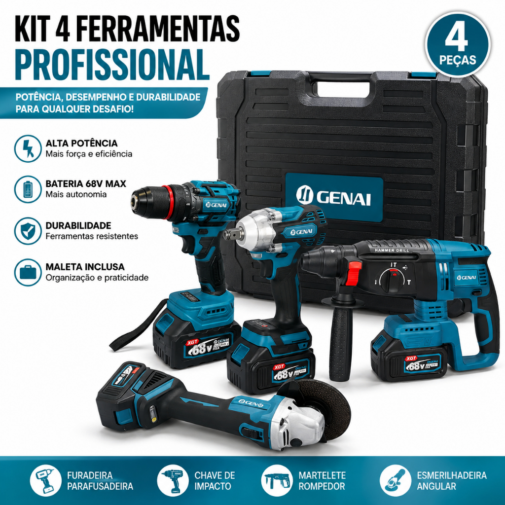 Sem escovas Caixa Kit de ferramentas 68V 4 em 1 Furadeira, Chave