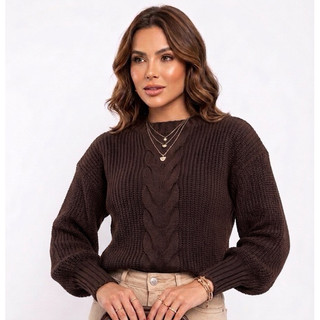 Blusa de frio feminina estilo blogueira com trança tendência 2025 blusa tricot manga bufante — foto 3 — Achou Levou Brasil