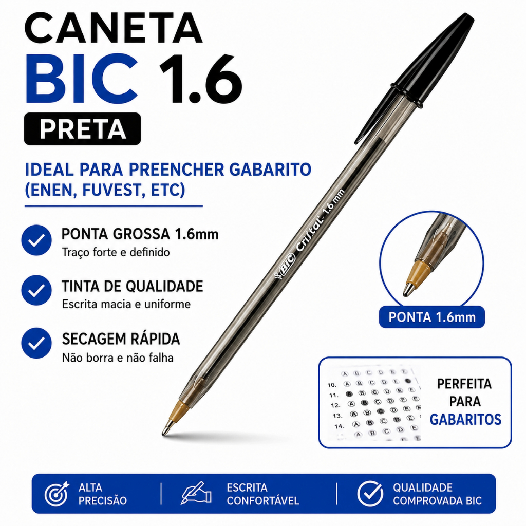 03 Caneta Bic 1.6 mm Cristal Intenso Ponta Grossa cores a escolher ...