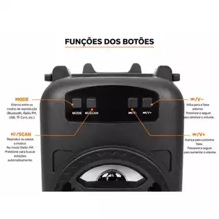 Caixa de som Compacta Bluetooh com LED e suporte para celular, possui entradas USB/TF CARD e função Rádio FM