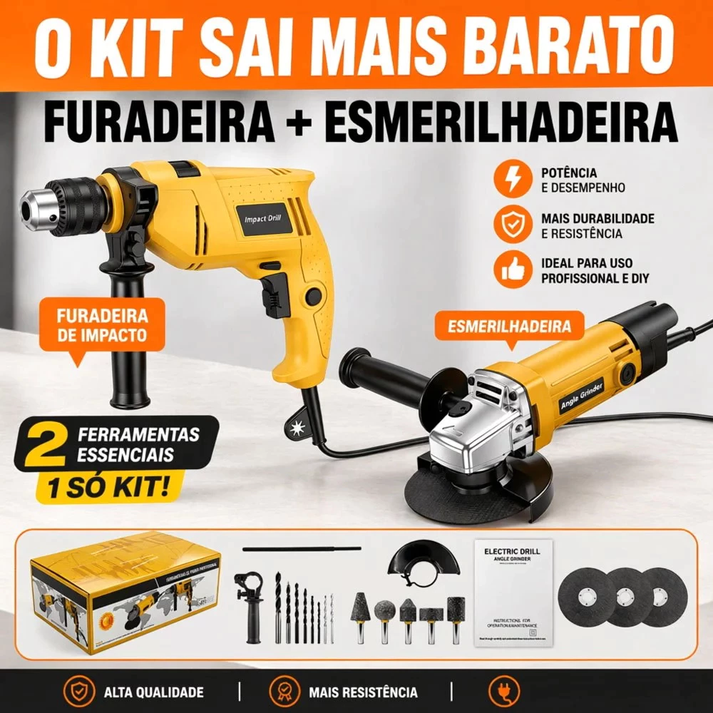 Kit 2 Peças Furadeira Parafusadeira e Esmerilhadeira Elétrica com Fio Alta Potência Ferramenta Profissional