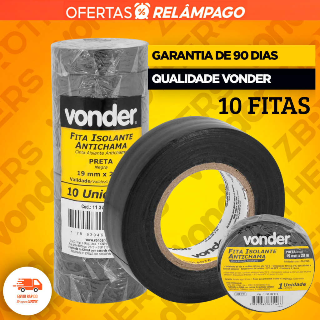 Kit 10 Fita Isolante Vonder 19mm X 20 Metros Profissional Antichamas Rolos Adesiva Preta Original