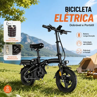 Bicicleta Elétrica Dobrável 400W 48V Bateria de Lítio Até 35km/h Autonomia 30km Freio a Disco Farol LED