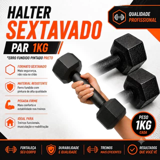 Halter Sextavado 1kg Par Ferro Fundido pintado Profissional Preto