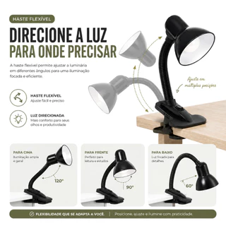 Luminária de Mesa Leitura Para Plantas Clip Fixação Escritório Quarto Bivolt Estudo Bocal E27