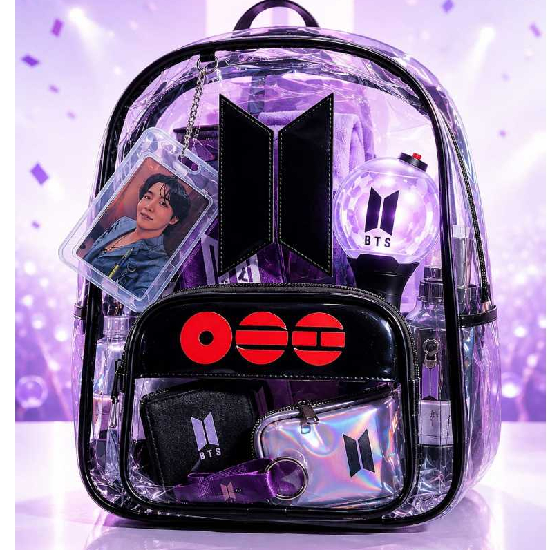 Mochila transparente BTS média (32 x 27 cm) com chaveiro