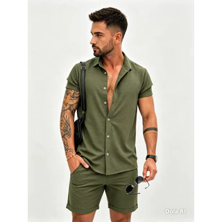 Conjunto Camisa Blusa Social e Short Bermuda Mauricinho Masculina tecido Duna