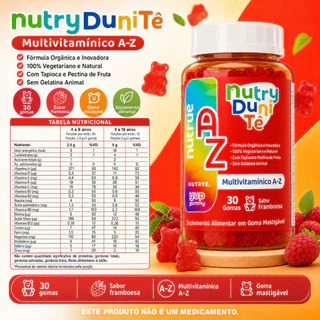 Multivitaminico Infantil em Gomas Gummy Kids Polivitaminico AZ Mastigáveis 30 Gummies Kids NutryDuniTê Sabor Framboesa