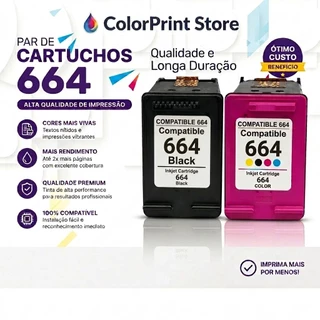 Par Cartucho 664 XL Preto e Colorido Compativel com 15 ml de tinta HP Deskjet 2136 3636 2676 3776