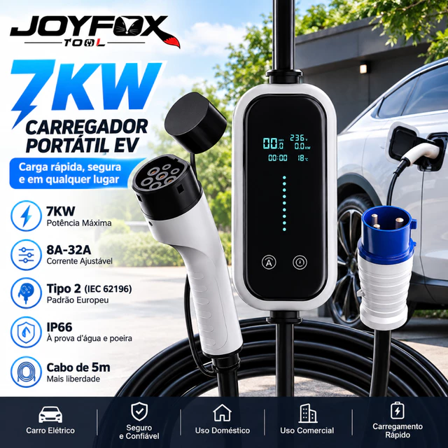 Carregador portátil JOYFOX 7 kW 32A Tipo 2 com display digital, cabo de 5 metros e plugue, 8A a 32A ajustável, IP66