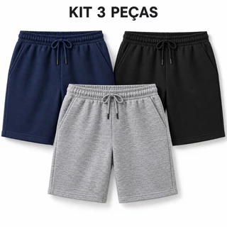 Kit 3 Shorts Masculinos de Moletom com Bolsos e Cordão Brazil Collection P ao GG Preto Azul Marinho Cinza Mescla