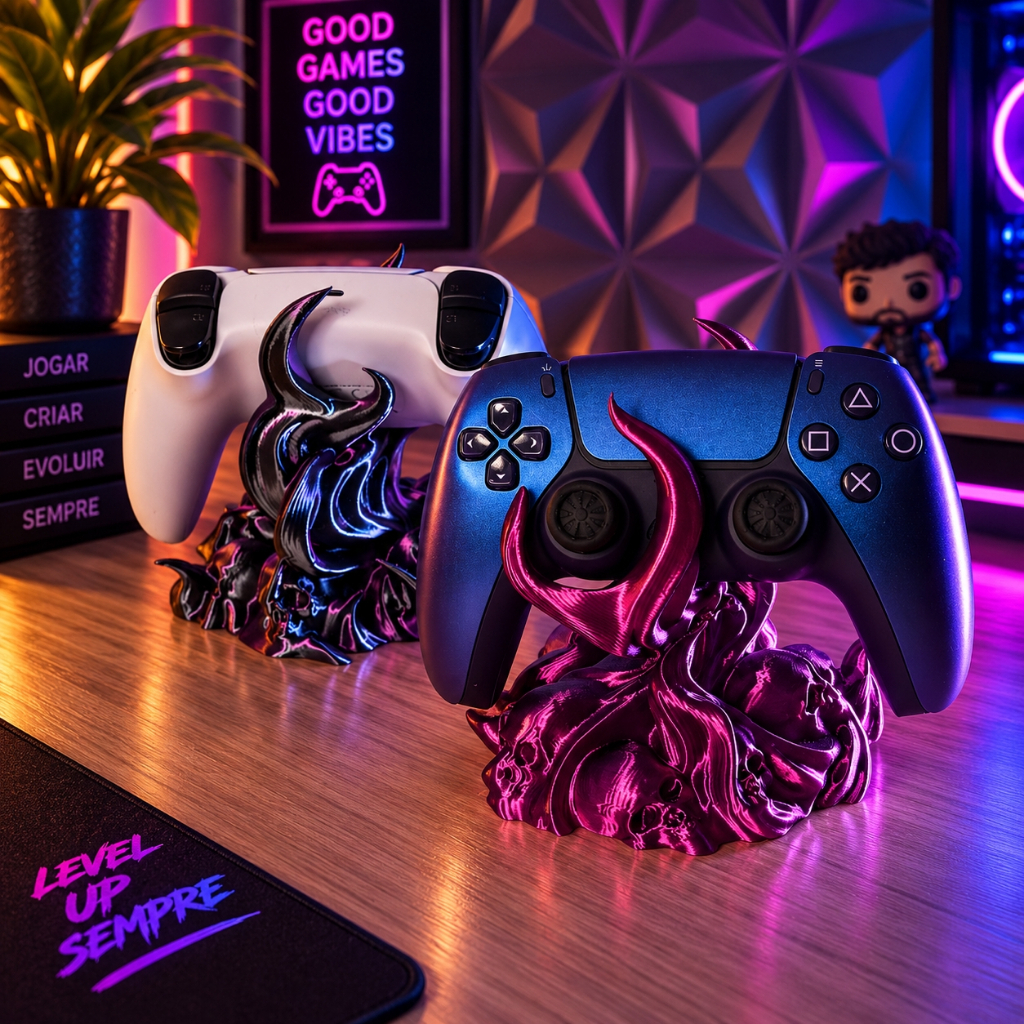 Suporte Controle PS5 Xbox Gamer Mesa Organizador Caveiras Flamejantes Varias Cores