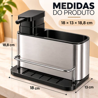 Porta Detergente e Esponja de Pia Cozinha Inox Dispenser Sabão Líquido 200ml Organizador 3 em 1 Porta Pano Pratitudo