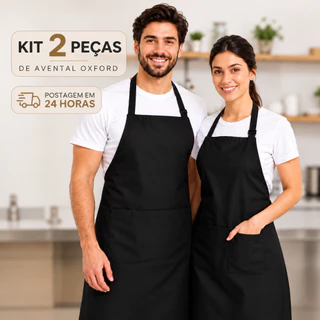 Kit 2 Aventais Oxford Preto Unissex Profissional Cozinha Restaurante Padaria Confeitaria
