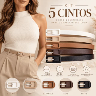 Cinto Feminino Fino Clássico e Moderno | Fivela Encapada | Kit com 5 cintos