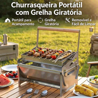 Churrasqueira Portátil para Acampamento, Praia e Quintal com Grelha Giratória em Aço Inoxidável