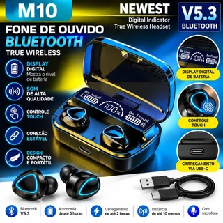 Fone de Ouvido Bluetooth 5.3 M10 Sem Fio TWS Touch Com Display Digital e Estojo Carregador Preto