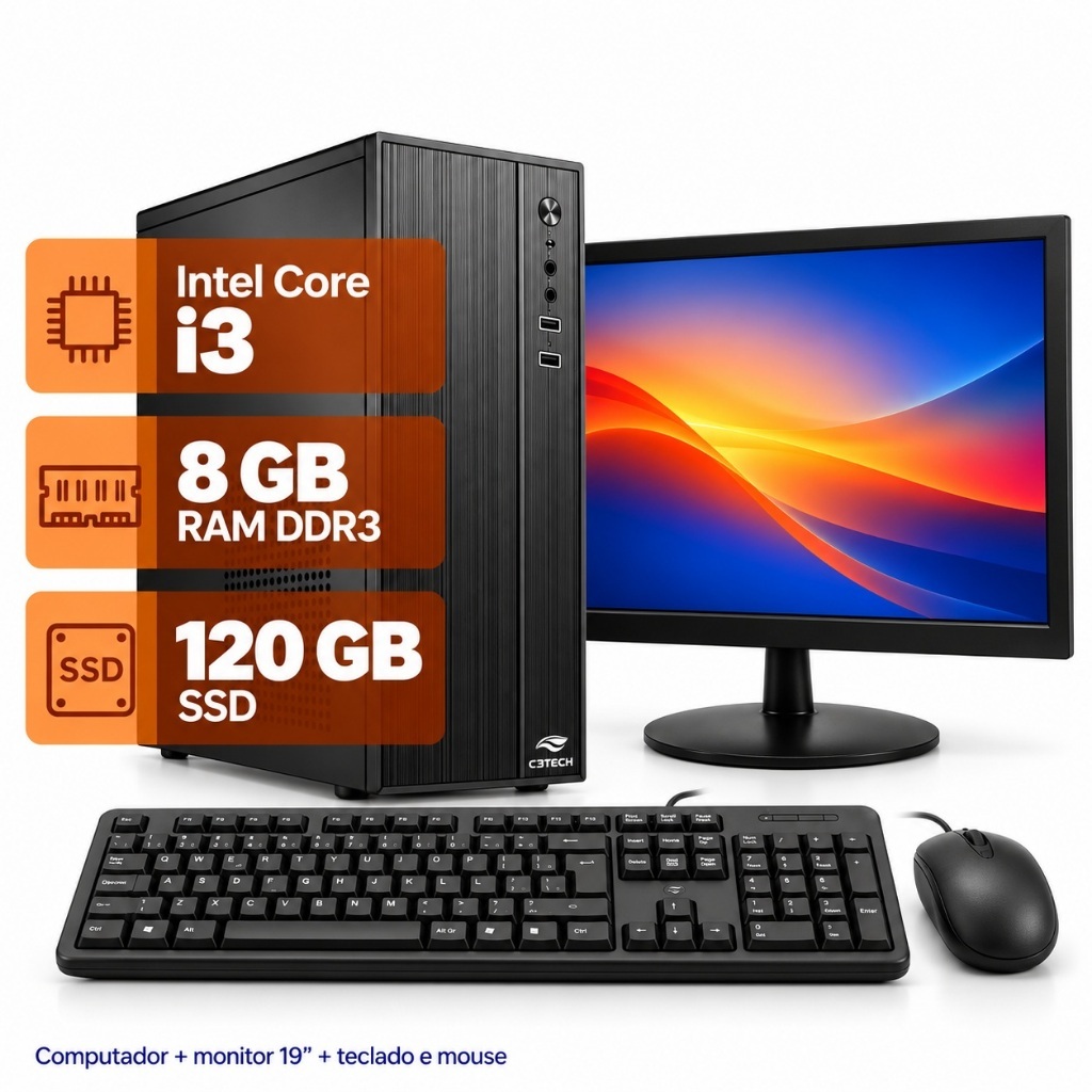 Computador Completo Intel Core i3 8GB DDR3 SSD 120GB Monitor 19 Teclado ...
