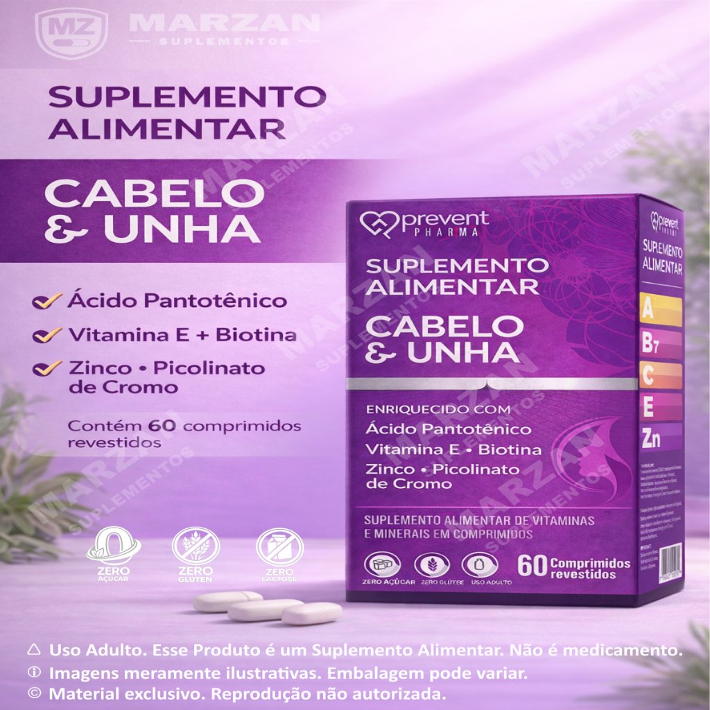 Cabelo e Unha 60 Comp. | Biotina Zinco Vitaminas A B C E | Zero Açucar ...