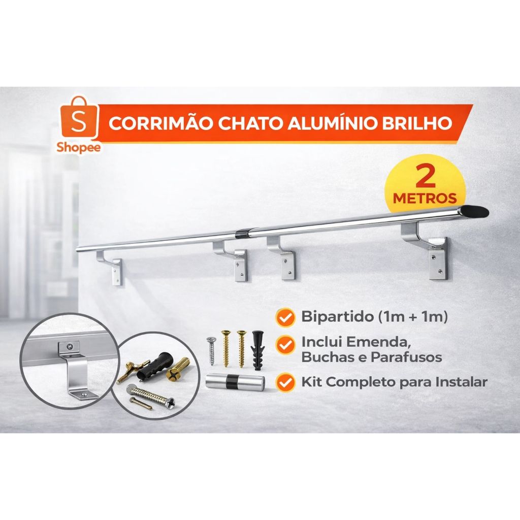 Corrimão Aluminio Chato 2 Metros Reforçado Completo | Shopee Brasil