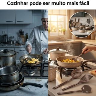 Jogo De Panelas 10 Peças Antiaderente Conjunto Caçarola Frigideira Fervedor Cor Coffee Cappuccino Kit Talheres — foto 3 — Achou Levou Brasil