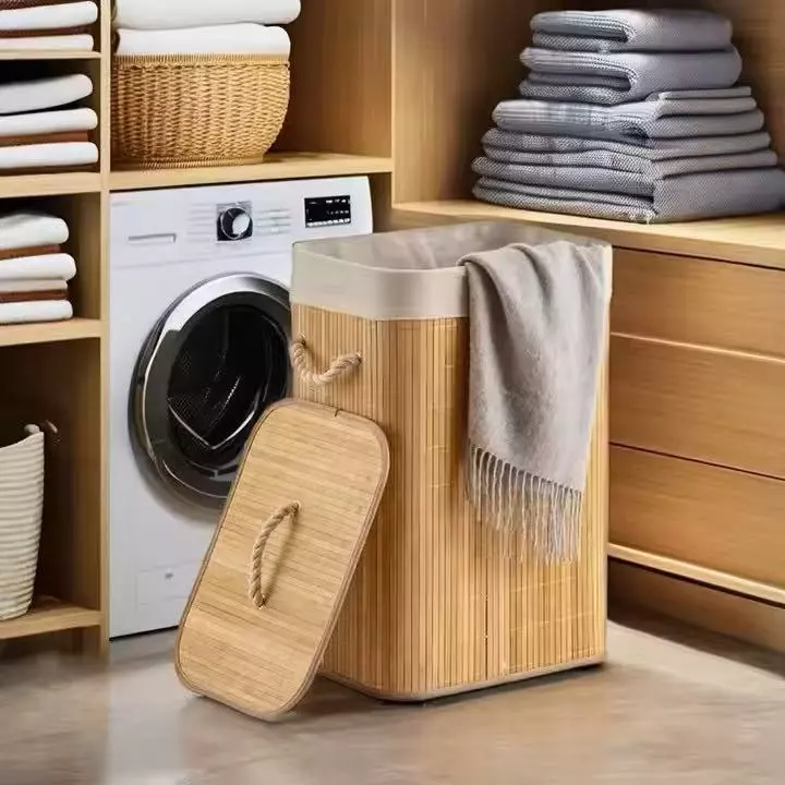 Cesto de roupa suja de bambu de 72 litros com tampa e alça para uso na sala de estar e no banheiro. - Imagem 3